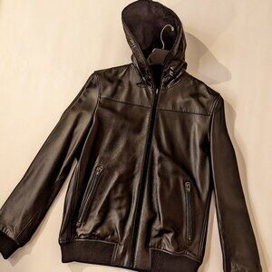 NEW cole haan Men's genuine real leather jacket men black hooded hoodie zipper